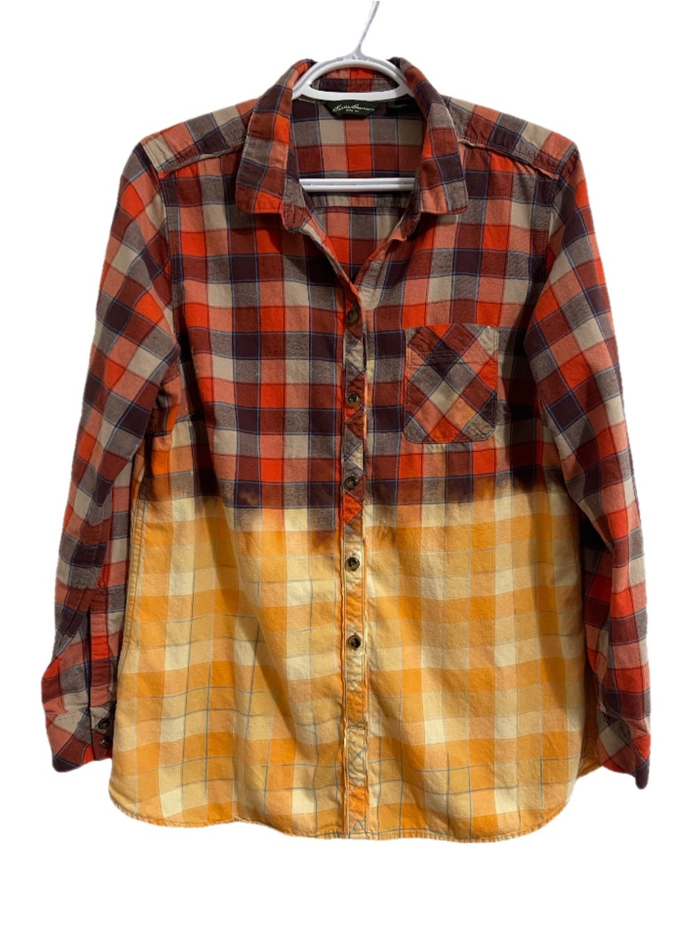Upcycled “Fabulous Fall” Eddie Bauer Orange & Yellow Plaid Flannel Shirt